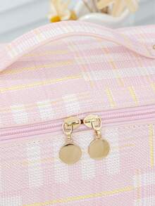 1 PC Pink Striped And Plaid Patchwork High-End Make Up Bag,Fashionable And Casual Large Capacity Portable Zipper Makeup Bags,Travel And Vacation Essentials Cosmetic Bags For Sanitary Napkins,Pouch Pads,Wired Earphones,Headphones - 淺粉色 - 查看 5