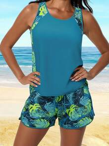 Resort Style Set Green Racing Vest Top Neon Tropical Print Shorts High Elasticity Spandex Square Neck Sleeveless Perfect For Beach Vacation - Xanh lam công - Xem 2