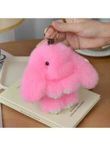 5.9英寸手工可爱兔毛毛绒钥匙扣，柔软兔毛绒球吊坠，萌趣兔毛钥匙扣，女士礼物