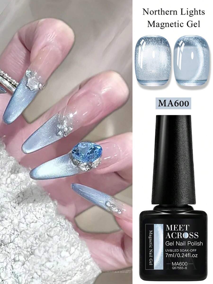 MEET ACROSS 1pc 7ml Blue Northern Lights Water Light Cat Eye Gel Nail Polish Aurora Glitter Crystal Magnetic Semi Permanent Soak Off UV LED Varnish Manicure Nail Art DIY For Home And Salon Nail Supplies Nails - Màu xanh nhạt - Xem 1