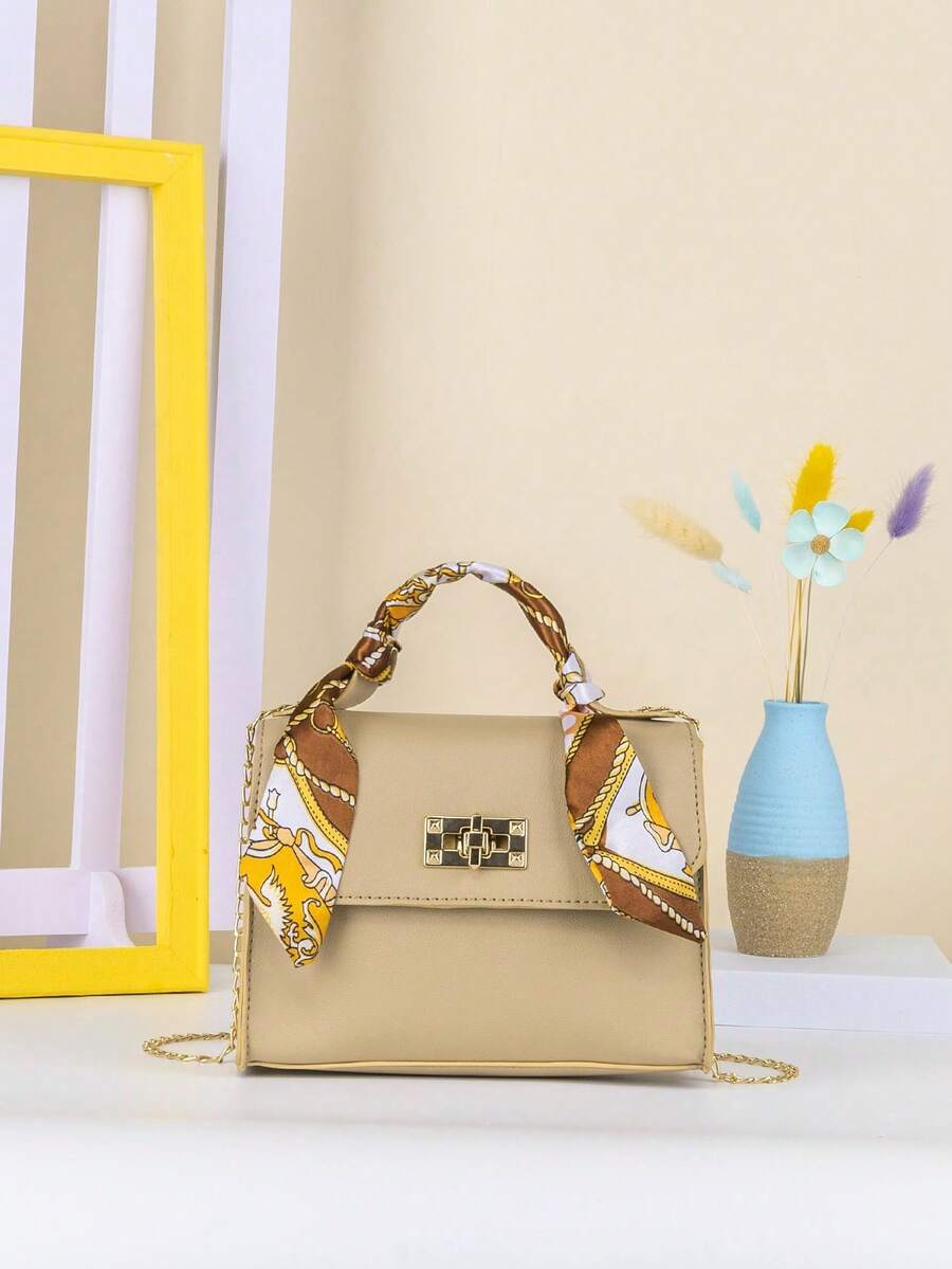 Scarf Accessory Chain Flat Handbag - Khaki - View 1