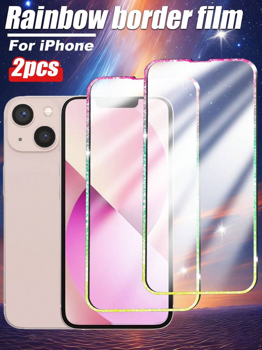 2pcs Colorful Shiny Edged Tempered Glass Screen Protector, Anti-Scratch, Anti-Shock, Waterproof, Ultra-Clear Tempered Glass Screen Protector, Compatible With IPhone 11/12/13/14/15 Pro Max/16 Plus/16 Pro/16 Pro Max/16e/17/17 Air/17 Pro/17 Pro Max Series