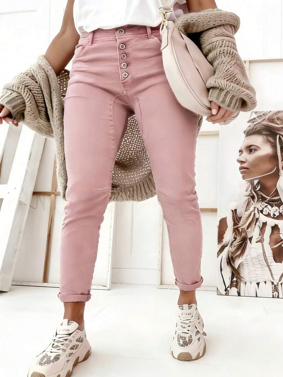 Quần nữ vải mỏng màu vải mỏng bạn trai mùa hè thiết yếu túi nút mặc hàng ngày - Hồng - Xem 1