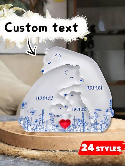 Hug Bear Family Acrylic Puzzle, Blue, Black, Black Floral Design, Family Love Gift, Customized With Your Family's Names, Room Decoration