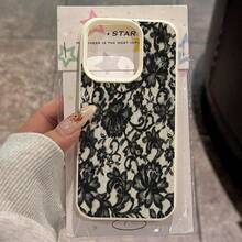1pc TPU Material Black Mesh Lace Retro Elegant Pattern Phone Case Compatible With Apple 17 Pro Max/17/16 Pro Max/15/13/12/11, S20 FE/A15/S24/A55, Redmi Note 11/Note 12/Note 13 Pro, Full Coverage Anti-Drop Soft Protective Phone Cover - White - View 1