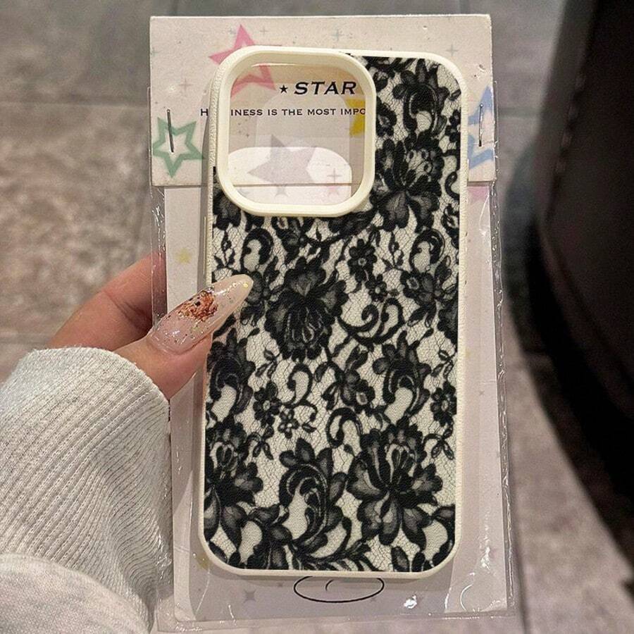 1pc TPU Material Black Mesh Lace Retro Elegant Pattern Phone Case Compatible With Apple 17 Pro Max/17/16 Pro Max/15/13/12/11, S20 FE/A15/S24/A55, Redmi Note 11/Note 12/Note 13 Pro, Full Coverage Anti-Drop Soft Protective Phone Cover - White - View 1