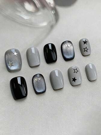 10件套极简主义INS日常Y2K黑灰五角星猫眼短方形美甲装饰