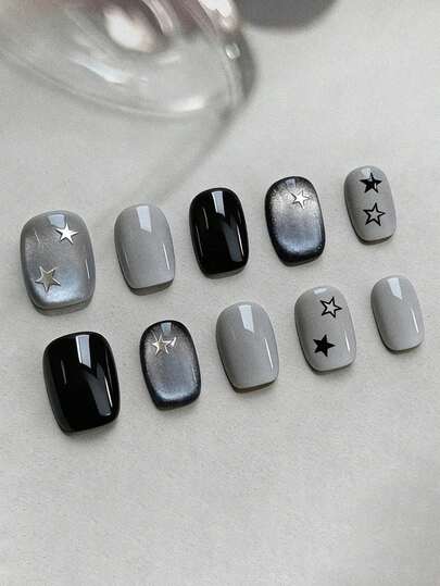 10件套极简主义INS日常Y2K黑灰五角星猫眼短方形美甲装饰指甲用品