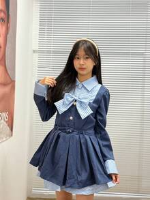 1 件优雅时尚腰部收紧撞色蝴蝶结褶皱迷你连衣裙，适合节日、派对、表演、女孩团体舞台装、摄影工作室万圣节 - 彩色 - 查看 14