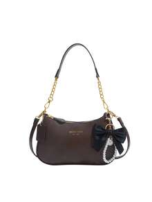 Túi đeo chéo tay thời trang in chữ, chất liệu da PU màu trơn phối da thằn lằn, trang trí nơ và ngọc trai, nhẹ, phù hợp cho phụ nữ đi mua sắm và đi làm hàng ngày. - Cà phê - Xem 1