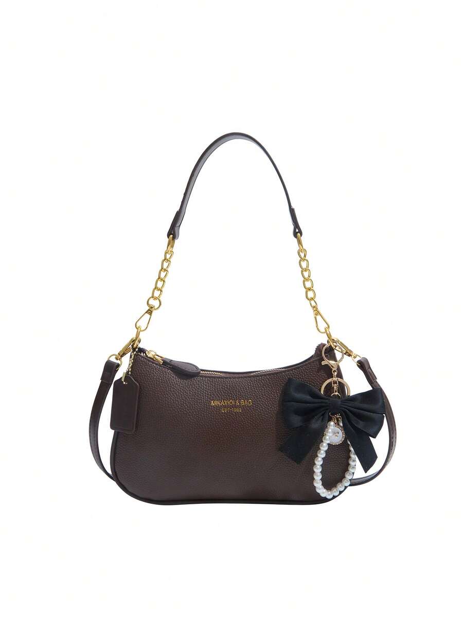 Túi đeo chéo tay thời trang in chữ, chất liệu da PU màu trơn phối da thằn lằn, trang trí nơ và ngọc trai, nhẹ, phù hợp cho phụ nữ đi mua sắm và đi làm hàng ngày. - Cà phê - Xem 1