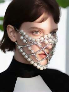 Luxury Fashion Multi-Layer Mesh Pearl Dramatic Music Festival Party Rhinestone Face Mask - Silver - View 2