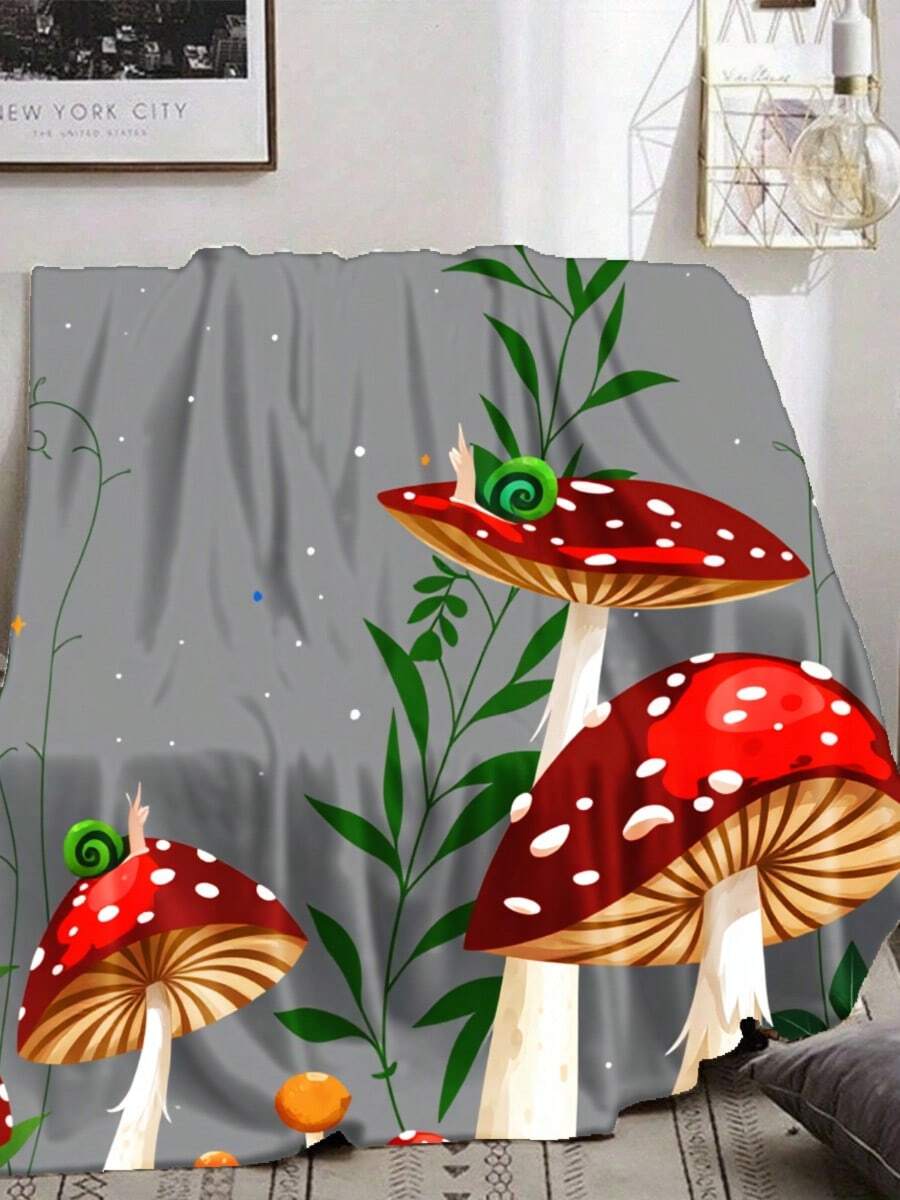 Gray Mushroom Flannel Blanket - Forest Snail Leaf Print For Bedroom Living Room Decor - 60*80 - 查看 1