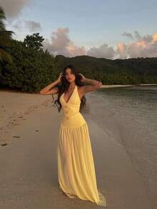 Women's Casual Elegant Deep V-Neck Halter Vacation Beach Party Dress - Yellow - View 5