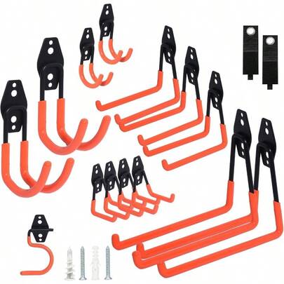 16 Pack Steel Heavy Duty Garage Hooks Storage Hooks With Anti-Slip Coating, Utility Garage Wall Mount Hanger And Organizer For Bikes, Ladder, Rope, Broom, Shovel And Garden Power Tools (16, Orange)
