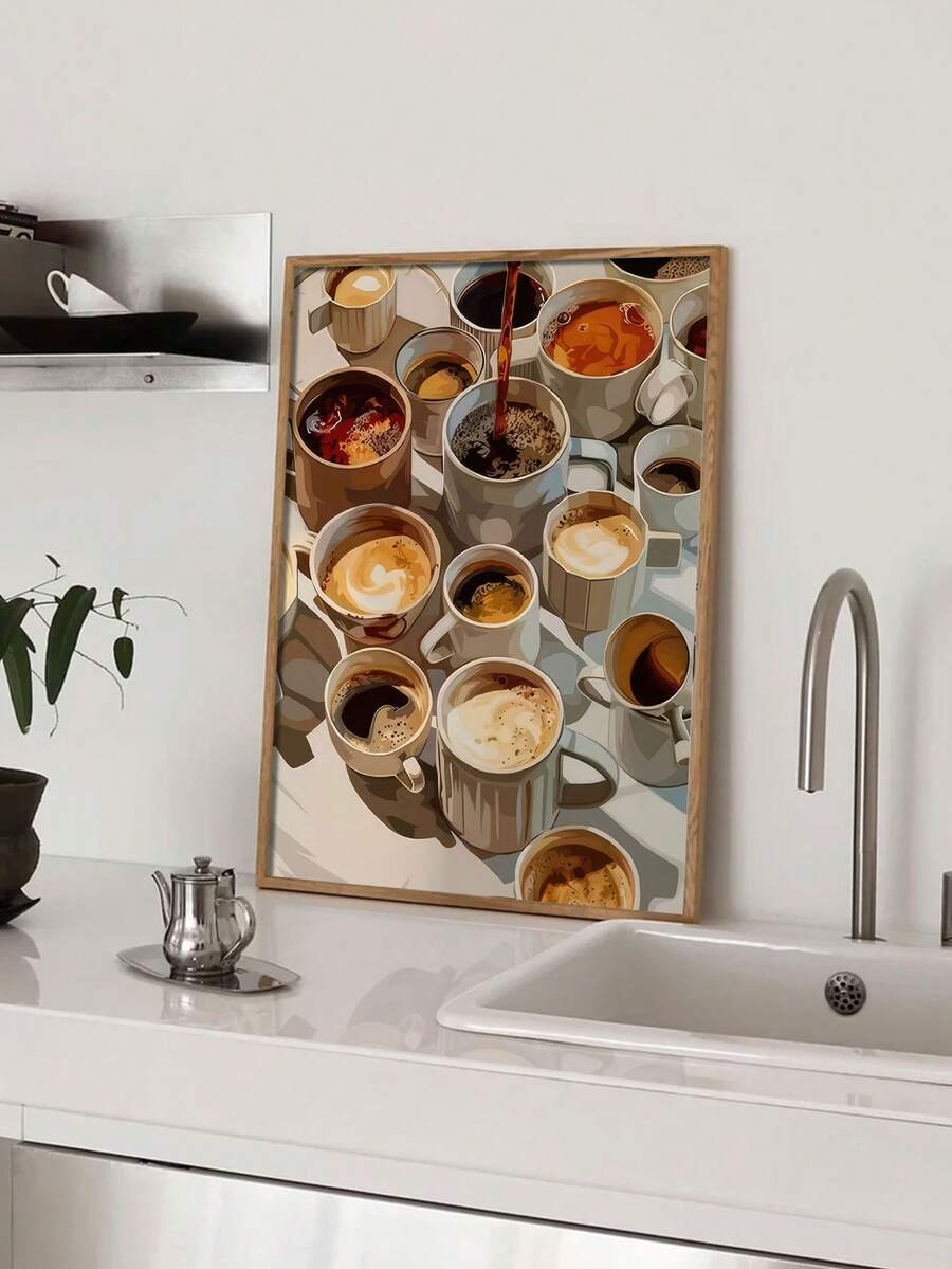 1幅无框复古咖啡爱好者帆布画 - 复古咖啡艺术海报，趣味插画，精细的拿铁、卡布奇诺、摩卡咖啡图案，高品质帆布墙饰，适合家居、宿舍、客厅 - 送给咖啡爱好者的理想礼物，咖啡主题装饰，宿舍艺术，2D平面印刷 - 彩色 - 查看 1