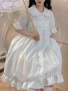 1pc Lolita Style Peter Pan Collar Bowknot Puff Sleeve Ruffle Hem Dress, Suitable For Daily Wear In Summer Halloween