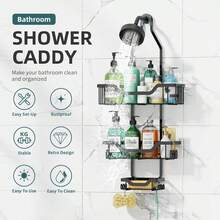 Hanging Shower Rack, 3-Layer Rust-Resistant Shower Storage Rack, Shower Caddy With Basket For Soap, Hooks For Razors And Sponges, No-Drill Bathroom Storage Rack Above The Shower Head - Black - 黑色 - 查看 2