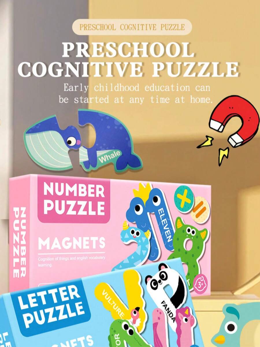 1 zestaw magnetycznych puzzli poznawczych dla dzieci do wczesnej edukacji, Montessori dla dzieci w wieku 3-6 lat z 26 wielkimi i małymi literami, cyframi 0-10, magnetyczne naklejki na lodówkę z motywem zwierząt, zabawki-puzzle dla dzieci, wykwintne prezenty na urodziny
