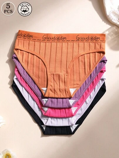 5 piezas de bragas triangulares de algodón para mujer, de cintura baja, sin costuras, con cinturón de letras acanalado, lencería cómoda y transpirable para ropa interior deportiva