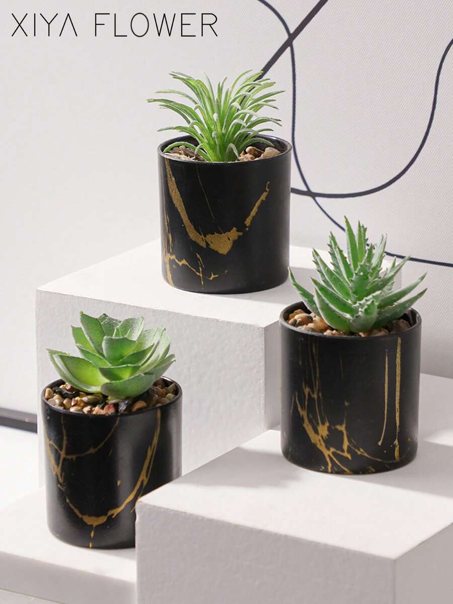 3件套仿大理石纹多肉植物盆栽，绿色多肉植物，黑色花盆，PE材质，仿真植物，迷你多肉植物，桌面摆件，家居装饰，花园装饰，宿舍办公室装饰，婚礼礼物，春夏装饰，户外派对活动节日生日派对装饰，酒店餐厅客厅卧室婚礼宴会厨房装饰，绿色装饰，多年生植物装饰