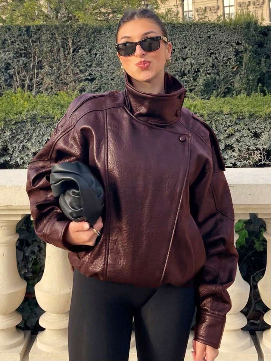 Women's Black PU Leather Jacket, Long Sleeve Zip-Up Bomber Jacket, Autumn/Winter Outerwear, Street Style - Burgundy - View 1