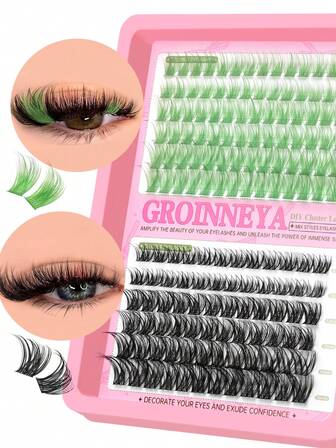 Green And Black Lash Extensions Kit DIY Individual Eyelashes Fairy Lashes Colored Volume Segmented Eyelash Clusters Eye Tail Elongated False Eyelashes Easy DIY Natural Look Lash Clusters For Beginners D Curl 8-16mm Length
