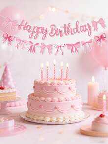 1 Set Pink Bow Shiny Happy Birthday Banner, Pink Bow Birthday Party Hanging Banner, Glitter Happy Birthday Bow Wreath Banner, Birthday Party Backdrop Decor, Pink Bow Theme Birthday Party Supplies, 1st Birthday Party Banner, Birthday Party Decorations, Room Decor, Home Decor, Happy Birthday Bunting
