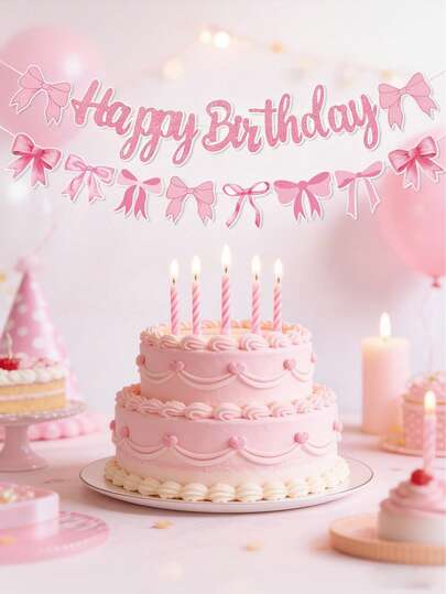 1 Set Pink Bow Shiny Happy Birthday Banner, Pink Bow Birthday Party Hanging Banner, Glitter Happy Birthday Bow Wreath Banner, Birthday Party Backdrop Decor, Pink Bow Theme Birthday Party Supplies, 1st Birthday Party Banner, Birthday Party Decorations, Room Decor, Home Decor, Happy Birthday Bunting