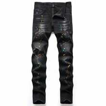 Elástico hombre jeans negros ajustados agujeros imitando viejos pantalones vaqueros, pantalones casuales, ropa de calle de moda, ropa de moda cómoda, moda nueva llegada - Negro - Ver 13