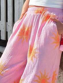 Quần nữ dáng rộng in họa tiết hoa hướng dương, có túi, thích hợp cho kỳ nghỉ hè, trang phục đi biển, màu trắng mùa xuân. - trắng - Xem 5