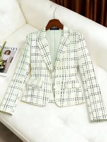 Áo khoác dài tay cổ blazer in họa tiết, phong cách cổ điển thường ngày, thanh lịch, phù hợp cho kỳ nghỉ, công sở và đi làm, mùa xuân/hè. - Màu be - Xem 7