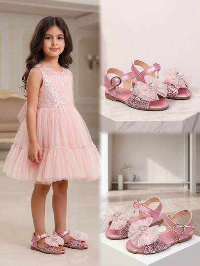 1 Pair Fuchsia Plus Size Toddler Girls' Flat Sandals, Soft Leather With Sequins, Rhinestone Butterfly Decor, Peep Toe, Non-Slip Soft Sole, Princess Style Beach/Holiday/School Wear, Suitable For 3-12 Years Old, Spring/Summer 2026