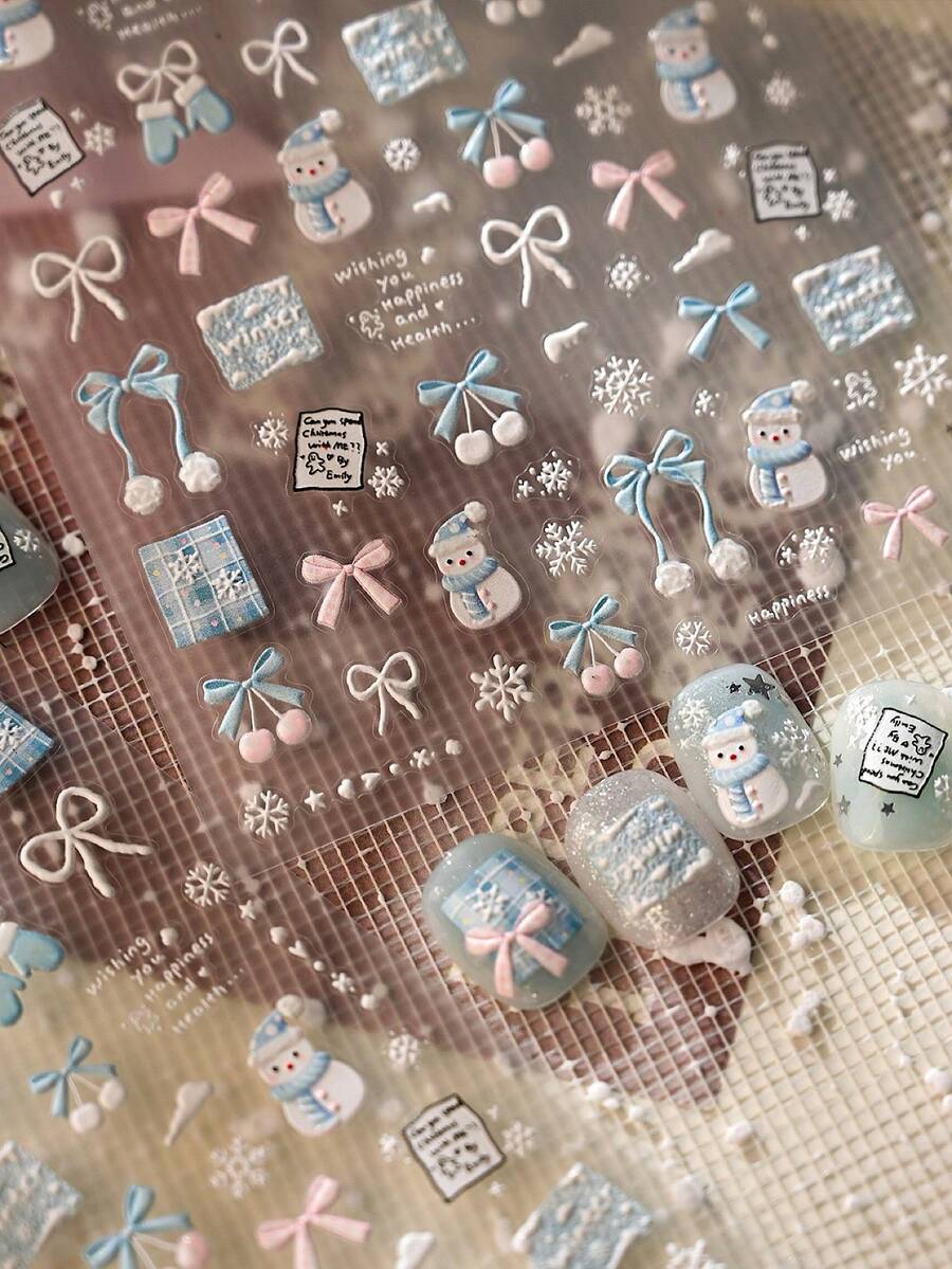 1片冬日梦幻雪人蝴蝶结美甲贴纸，美甲师必备，3D立体压纹箔片设计，卡通雪人和雪花美甲装饰，美甲用品，自粘可重复使用美甲贴纸，女士礼物，美甲护理，优雅美甲配饰礼品 - 淺藍色 - 查看 1