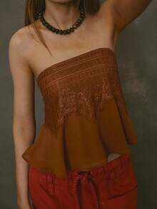 Women Chiffon Lace Tube Top Y2k Floral Embroidery Strapless Backless Bandeau Shirt Cute Summer Flowy Going Out Crop Tops Streetwear - 棕色 - 查看 5