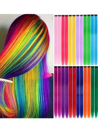 24pcs Colored Clip In Straight Hair Extensions 20 Inch Colored Extensions Hair Red Blue Green Pink Orange MultiColor Synthetic Hair For Women And Man Used Daily Party Halloween Cosplay Christmas And New Year Gift (12 Colors)