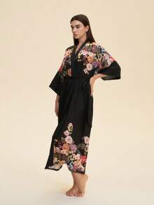 Áo choàng kimono in họa tiết phong cách retro rộng rãi, thanh lịch, thích hợp mặc ở nhà, thắt eo, kiểu dáng thoải mái, đồ ngủ nhẹ nhàng mùa hè, thích hợp mặc ngoài biển, áo tắm. - màu đen - Xem 7