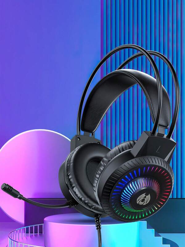 Casque de jeu rétroéclairé RVB avec microphone - Casque d'écoute filaire confortable sur l'oreille, graves profonds stéréo, convient pour PC