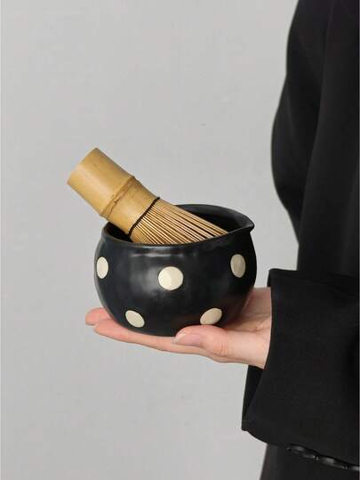 1pc Black Polka Dot Matcha Bowl With Spout Design, Handmade Polka Dot Mini Bowl, Suitable For Matcha Lovers, Great Gift For Beginners, Holiday Souvenir, Birthday Present