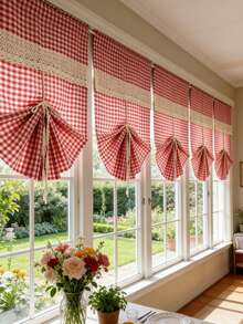 1件农舍风格亚麻系带格子厨房窗帘，波西米亚钩编蕾丝格子窗帘，适用于厨房、餐厅、客厅 - 紅色 - 查看 11