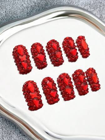 Uñas postizas cuadradas estilo Y2K hechas a mano con puntas transparentes, rhinestones rojos y diseños 3D brillantes de cobertura total - Uñas artificiales de purpurina DIY de cobertura completa, uñas postizas para fiestas, exteriores, playa, diario, vacaciones, reuniones, trabajo y eventos especiales - 10 piezas/bolsa