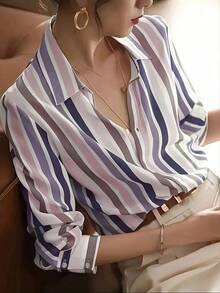 Women's Striped Button Down Shirt Long Sleeve Lapel Collar Blouse Casual Office Work Tops Vintage Style - 紫色 - 查看 3