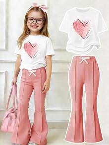 Tween Girls' Heart Print Short Sleeve T-Shirt And Flare Pants Casual Outfit - White - View 1
