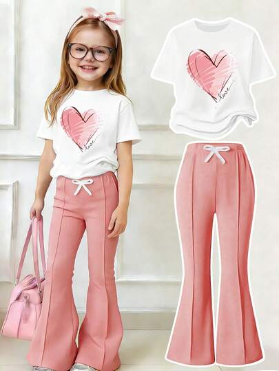 Tween Girls' Heart Print Short Sleeve T-Shirt And Flare Pants Casual Outfit
