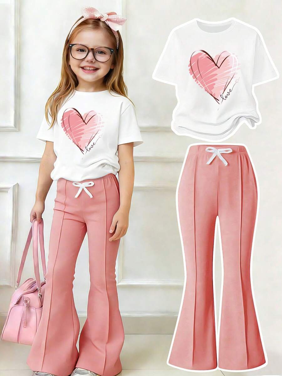 Tween Girls' Heart Print Short Sleeve T-Shirt And Flare Pants Casual Outfit - White - View 1