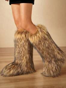 Faux Fur Winter Boots For Women Knee High Fluffy Long Fuzzy Flat Heel Boots For Girls Outdoor Tall Furry Shoes Warm Thigh High For Halloween Christmas Party - 棕色 - 查看 5