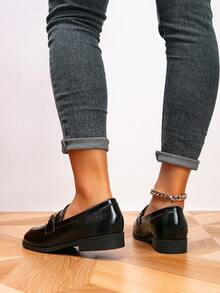 Women's Loafers, Round Toe Metal Buckle Flat Loafers, Outdoor Retro Slip-On Shoes, Black, Casual Shoes - Black - View 4