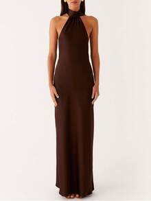 Women Scarf Maxi Dress Silk Halter Neck Tie Up Backless Bodycon Dress Cowl Back Draped Party Wedding Guest Cocktail Dresses With Neck Scarf - 棕色 - 查看 3