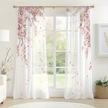 2PCS Simple And Romantic Pink Cherry Blossom Falling Printed Gauze Curtain, Spring Elegant Series Semi Transparent Home Decoration Gauze Curtain, Suitable For Living Rooms, Bedrooms, Study Rooms, Balconies, Offices And Restaurants All Year Round - 彩色 - 查看 5