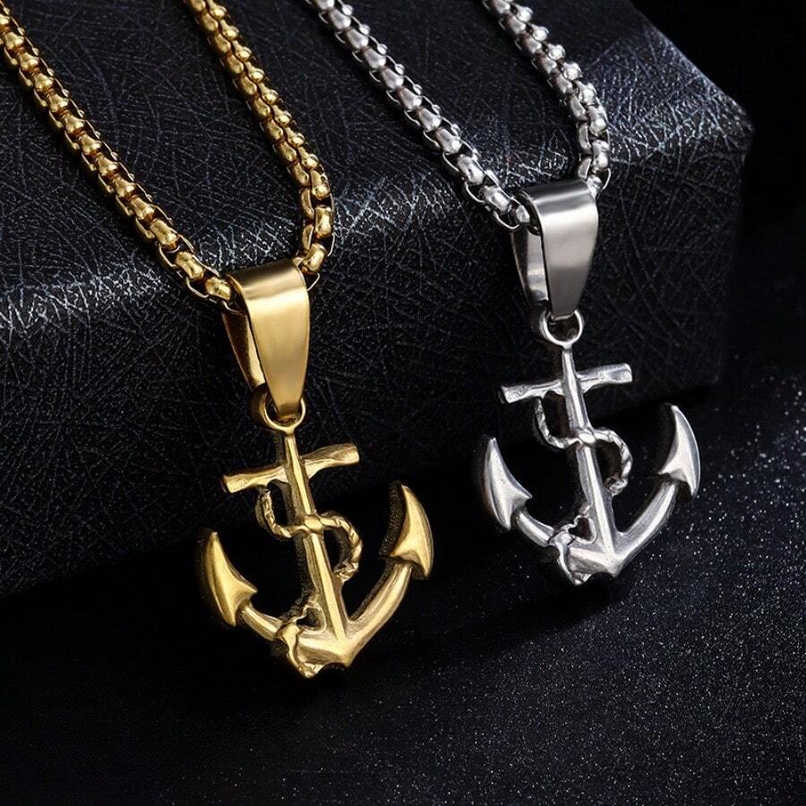 不锈钢锚形水手锚吊坠项链，男女皆宜的时尚嘻哈街头饰品 - 銀色 - 查看 1